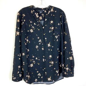 Hilary Radley Women's V-Neck Popover Top Size S Black Floral Button Cuff Career